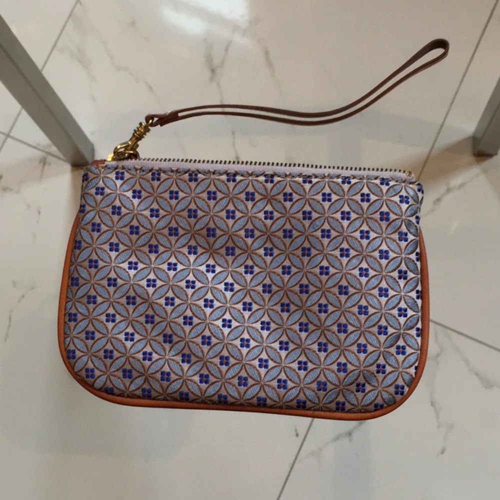 J. Crew Silk Wristlet with leather strap and trim.